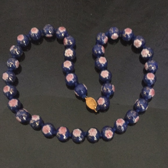 Vtg22”Round13mmBlueSolidHandPaint W/Flower&GldJap - Picture 3 of 7